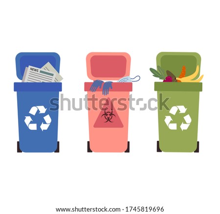 Proper waste disposal without polluting.Waste collection,segregation and recycling garbage separated into different types and collected into waste containers,each bin holds a different material.Flat