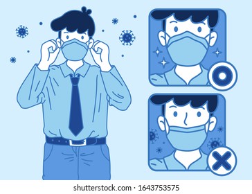 The proper way of wearing face mask, fight for coronavirus, COVID-19 illustration