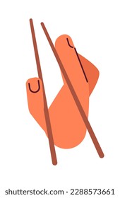 Properly holding chopsticks semi flat colour vector first view hand. Use hashi right handed correct. Editable cartoon style icon on white. Simple spot illustration for web graphic design and animation