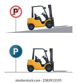 Properly parking the forklift on flat surfaces and not on slopes. Safety in handling a fork lift truck. Security First. Accident prevention at work. Industrial Safety and Occupational Health