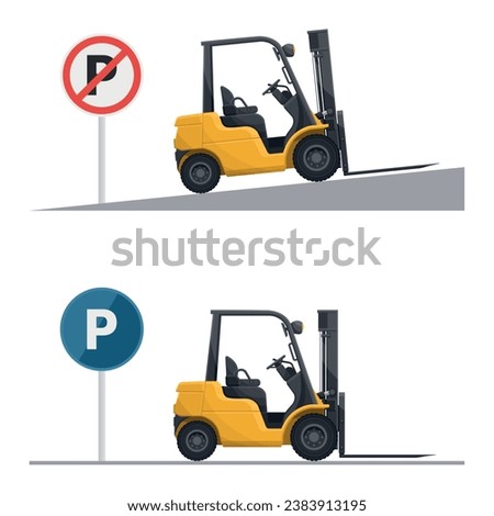 Properly parking the forklift on flat surfaces and not on slopes. Safety in handling a fork lift truck. Security First. Accident prevention at work. Industrial Safety and Occupational Health