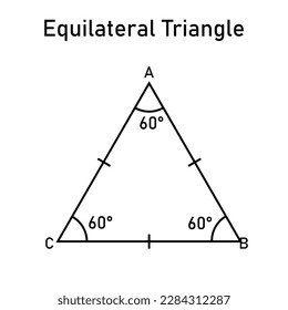 Properties of equilateral triangle in mathematics. Three sides with same length. Geometric shape. Vector illustration isolated on white background.