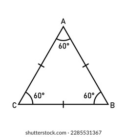 Eigenschaften des gleichseitigen Dreiecks in Mathematik. Drei Seiten mit gleicher Länge. Geometrische Form. Vektorgrafik einzeln auf weißem Hintergrund.