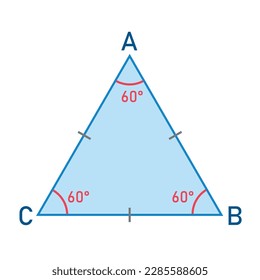 Properties of equilateral triangle in mathematics. Three sides with same length. Geometric shape. Vector illustration isolated on white background.