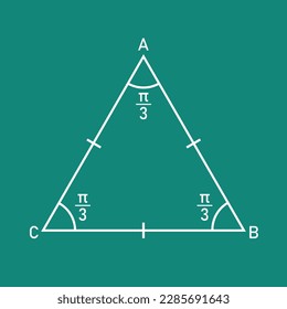 Properties of equilateral triangle in mathematics. Three sides with same length. Geometric shape. Vector illustration isolated on chalkboard background.