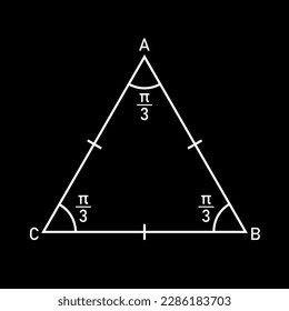 Propiedades del triángulo equilátero en matemáticas. Tres lados con la misma longitud. Forma geométrica. Ilustración vectorial aislada en el fondo negro.