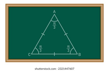 Properties of equilateral triangle in mathematics. Three sides with same length. Geometric shape. Mathematics resources for teachers and students.