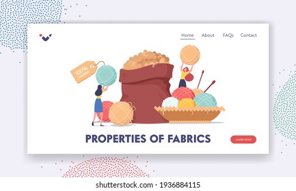 Properties of fabric Landing Page Template. Ecological Textile. Tiny Girls at Huge Sack with Cashmere Wool, Knitting Needles and Clews. Women Knitwork, Needlework. Cartoon People Vector Illustration
