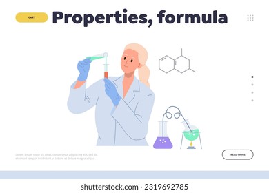 Propiedades, concepto de fórmula para el aterrizaje con una científica mujer estudiando productos químicos en laboratorio
