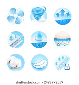 Properties of materials for diapers, pants, pads, mats.  Vector illustration isolated on white background. Ready for your design. EPS10.