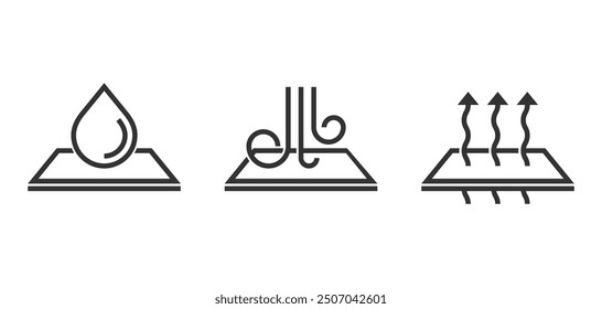 Properties of membrane materials pictograms - wind proof, breathable, waterproof - icons set in bold line