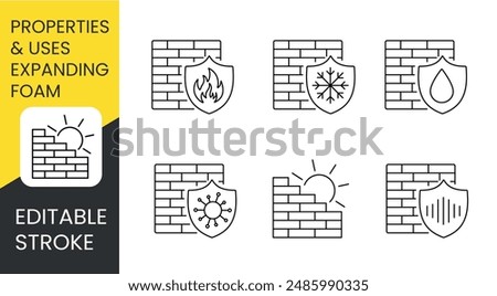 Properties of polyurethane foam on walls set of vector line icons with editable stroke