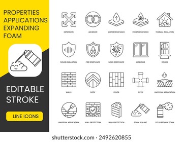 Properties of polyurethane foam and places of application, set of vector line icons with editable stroke, Adhesion and Water resistance, Wall protection and Roof, Mounting foam and Frost resistance.