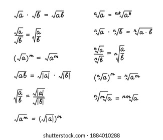 Properties of square roots formulas. Solution scheme. Algebra background. Education, getting classes, school program Higher mathematic text. Grouped and isolated on white. Vector illustration