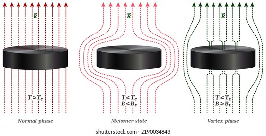    Properties of Type II superconductors
- Above the critical temperature (normal phase) 
- below the critical temperature (Meissner state)
- above the critical magnetic flux density (vortex phase)