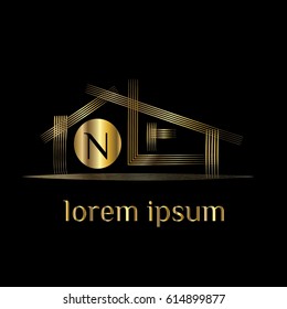 Properties vector logo design template. Golden house illustration. Letter N house sign