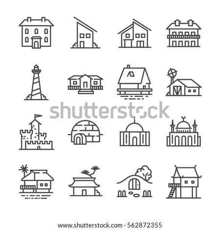 Property and accommodation icon set. Included the icons as home, house, palace, resort, apartment, tower and more.