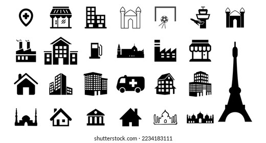 Property and accommodation icon set. Includes icons as houses, houses, palaces, resorts, apartments, towers and many more.