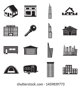 Property And Accommodation Icons. Black Flat Design. Vector Illustration.