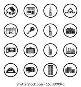 Property And Accommodation Icons. Black Flat Design In Circle. Vector Illustration.