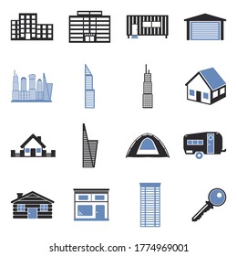 Property And Accommodation Icons. Two Tone Flat Design. Vector Illustration.
