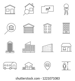 Property and accommodation line icon set. Included the icons as home, house, palace, resort, apartment, tower and more. Symbol, logo illustration.