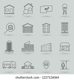 Property and accommodation line icon set. Included the icons as home, house, palace, resort, apartment, tower and more. Symbol, logo illustration.