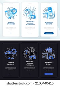 Property agency night and day mode onboarding mobile app screen. Clients walkthrough 3 steps graphic instructions pages with linear concepts. UI, UX, GUI template. Myriad Pro-Bold, Regular fonts used
