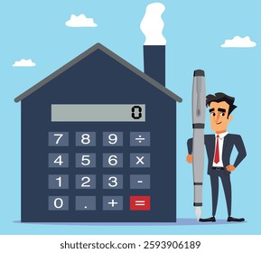 Property agent or broker holding a pen, Mortgage or rent calculation concept, household bill payment