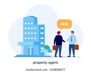 Property agent concept. Qualified and reliable real estate agent guarantee a property buying. Realtor helps in house searching and mortgage contract. Vector flat illustration
