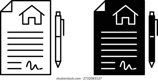 Icono de documento de Acuerdo de la propiedad con el símbolo de la casa y la Ilustración vectorial de la pluma.