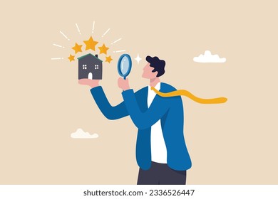 Property appraisal or price evaluation, housing assessment for market value, residential sale, rating or real estate review concept, businessman appraiser magnifier review property with star rating.