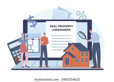 Property assessment and estimates. Professional appraisers searching real home or apartment value. Real estate agents and service, kicky vector scene