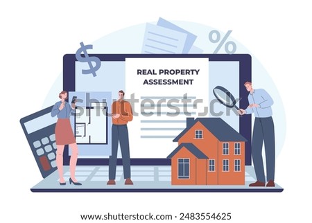Property assessment and estimates. Professional appraisers searching real home or apartment value. Real estate agents and service, kicky vector scene