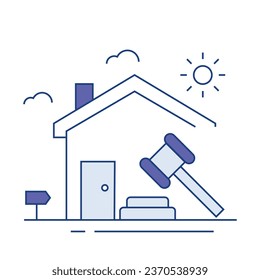 Property Auction, Bidding Event. The auction icon with a hammer and a house signifies property auctions and exciting bidding events in real estate.