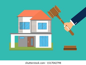 Property auction, Vector illustration EPS10 of Hand holding gavel and model house on green background, lawyer of home real estate and ownership property concept