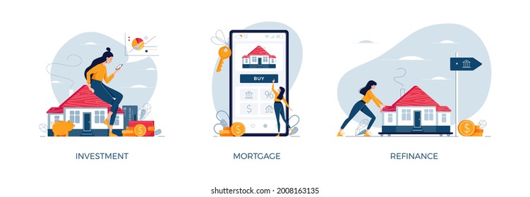 Property banners set. House-buying, mortgage refinancing, real estate investment. Invest in house, property purchase, loan refinance concepts collection for web design. Modern flat vector illustration