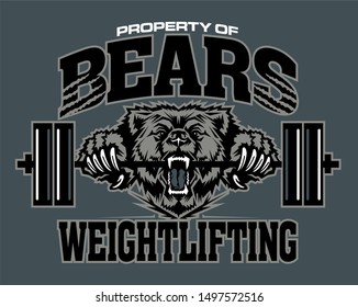 property of bears weightlifting team design with mascot and barbell for school, college or league