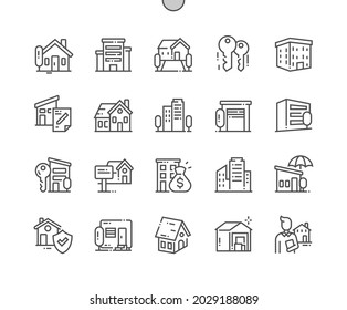 Property. Building, house, agreement and warehouse. Property protection. House for sale. Pixel Perfect Vector Thin Line Icons. Simple Minimal Pictogram