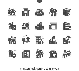 Property. Building, house, agreement and warehouse. Property protection. House for sale. Vector Solid Icons. Simple Pictogram