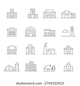 Property Building Icon Set, Minimal Linear Architecture Symbols, Editable Stroke Vector Pack.eps10