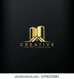 Property business golden logo. tower real estate logo template. Luxury elegant template design vector