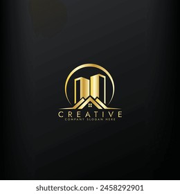 Property business golden logo. tower real estate logo template. Luxury elegant template design vector
