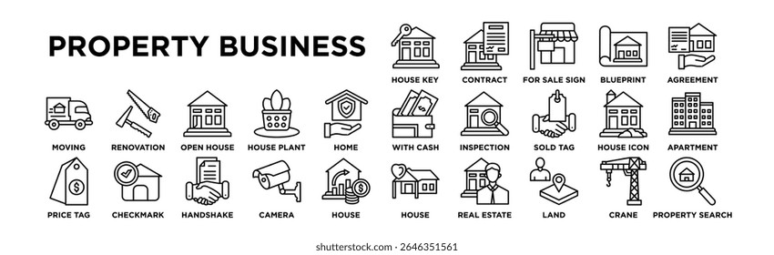 property business icon set. Editable Stroke Icon Collection. House Key, Mortgage Contract, For Sale Sign, Building Blueprint, Rental Agreement, Wallet with Cash, House Inspection, Sold Tag, House Icon
