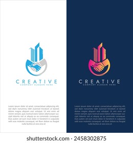 Property business logo with handshake vector. tower real estate logo template. Luxury elegant template design