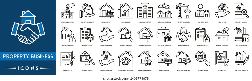 Property Business Outline Icon Collection. Thin Line Set contains such Icons as Real Estate Investment, Property Management, Rental Property, Housing Market and Commercial Property