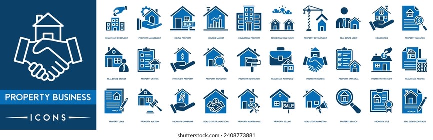 Property Business Outline Icon Collection. Thin Line Set contains such Icons as Real Estate Investment, Property Management, Rental Property, Housing Market and Commercial Property