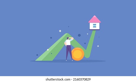 property business, real estate, home investment. a businessman sees an opportunity to increase property prices in the future. growth or increase in asset prices. flat cartoon illustration. concept