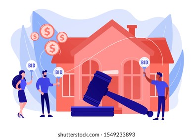 Property buying and selling. Auction house, exclusive bids here, consecutive biddings processing, business that runs auctions concept. Pinkish coral bluevector isolated illustration