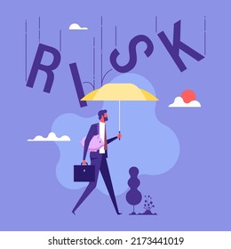 Property and capital insurance, man with umbrella stands over piggy bank, metaphor for protecting against risk of losing saving, flat vector illustration, fund safety from financial crisis concept